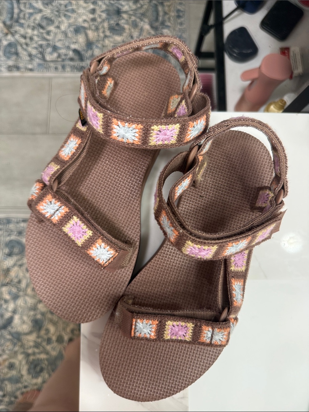Teva Brown Sandals with Pink, White & Light Blue Crochet Accents - Picture 3 of 6